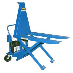 High lift pallet truck with small portable design features a 2,500-lb. capacity.